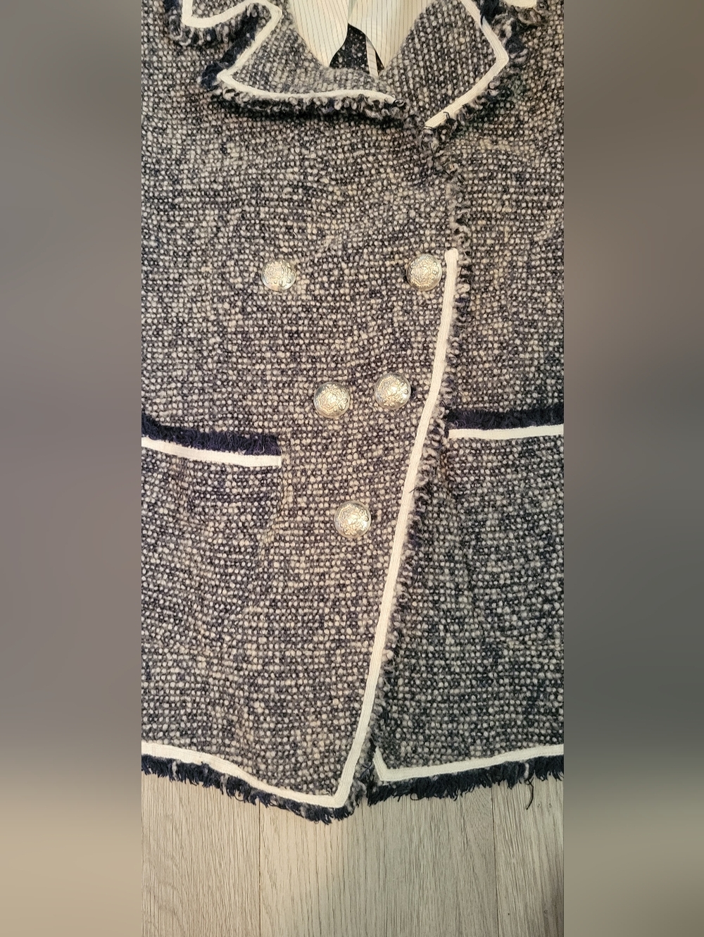 Veronica Beard Carroll Portrait Neckline Navy White Wool Blend Fringe Blazer, 12 - Picture 9 of 16